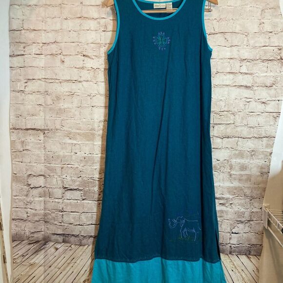 Vintage Studio Ease Midi Dress Womens 14 Linen Teal Turquoise Safari Elephant - Picture 1 of 13